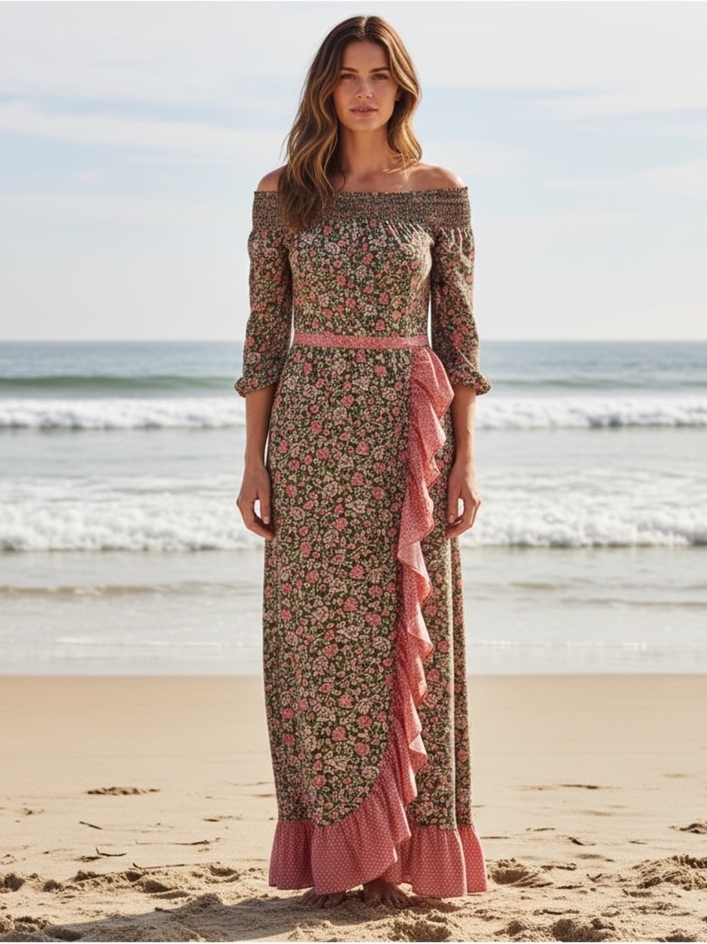 NWT Cabana Life Off-Shoulder Floral Ruffle Maxi Dress in Green and Peach